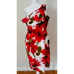 Evan Picone poppy comb red floral dress women's 10 one shoulder cotton 6802 nwt
